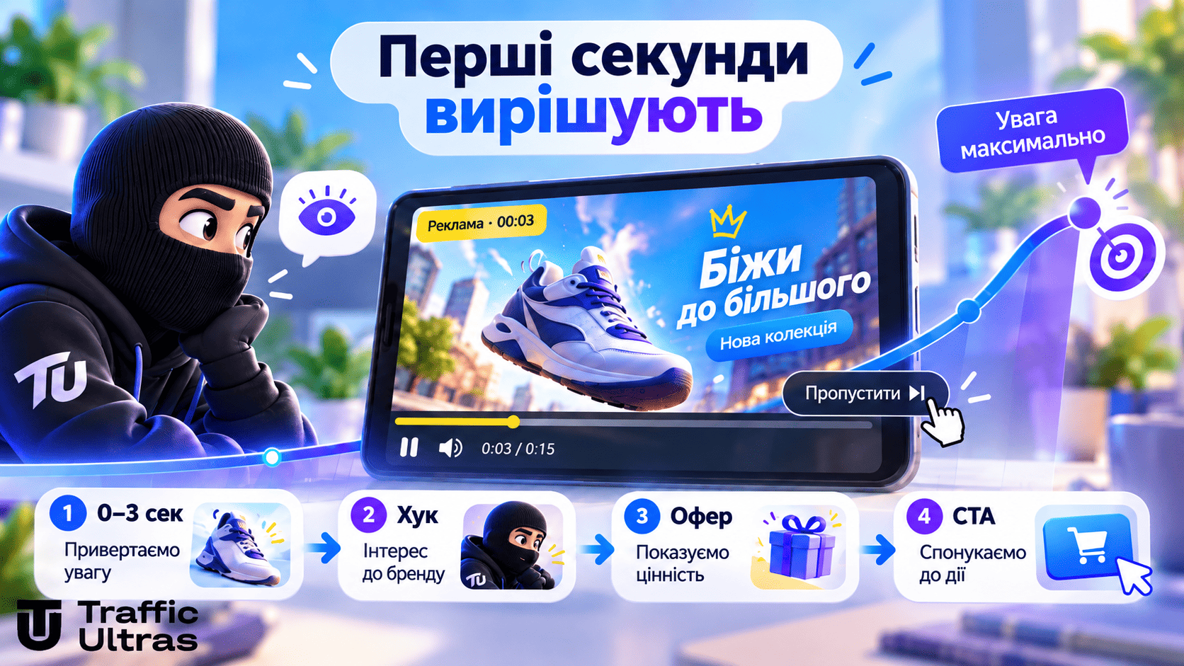 Перші секунди OLV-реклами: хук, офер і CTA до кнопки Skip