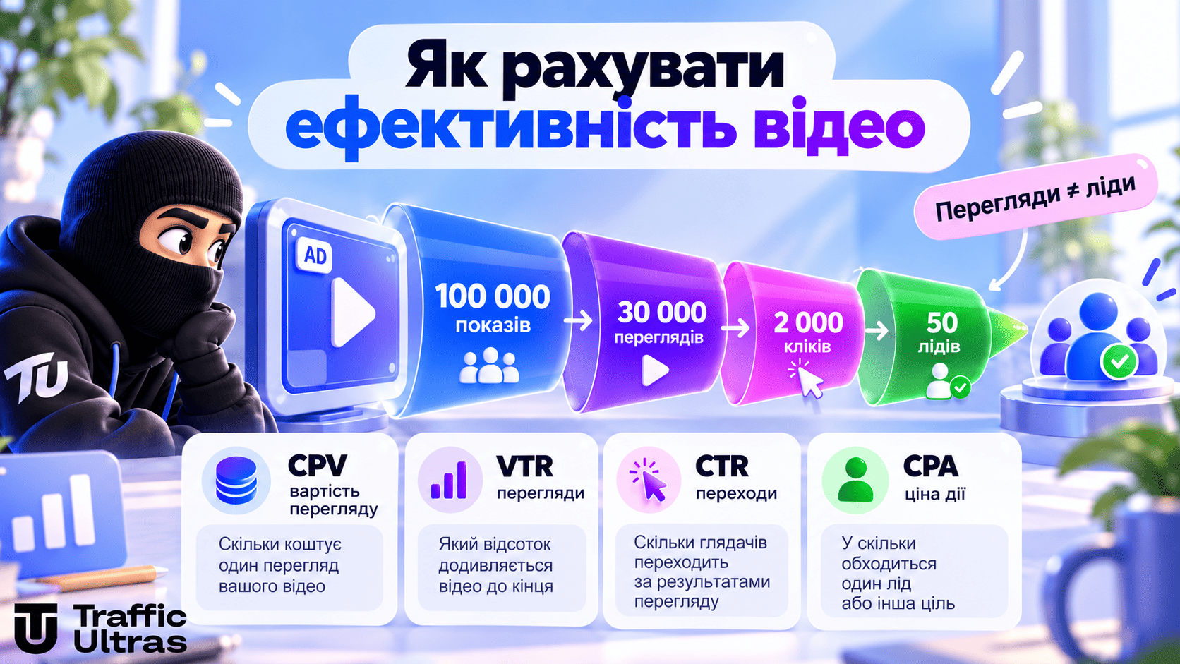 фективність OLV-реклами: покази, перегляди, кліки, ліди та метрики CPV, VTR, CTR і CPA