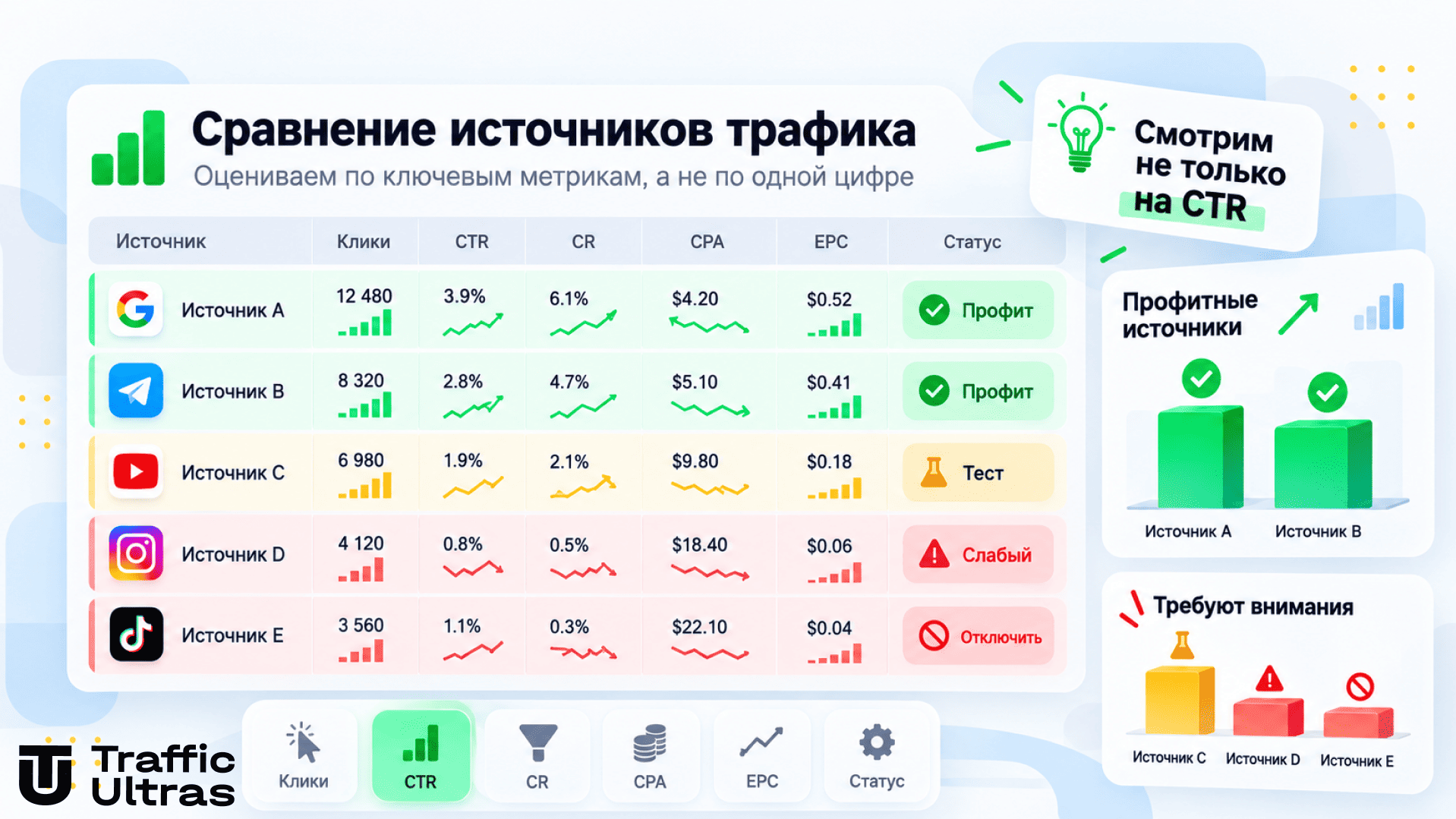Сравнение источников трафика по CTR, CR, CPA и EPC