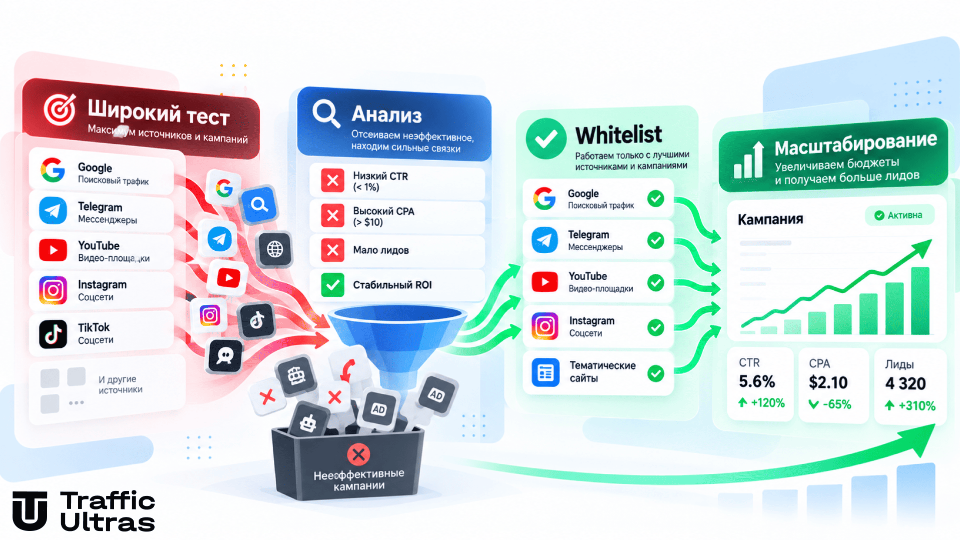 Оптимизация трафика: от широкого теста до Whitelist и масштабирования