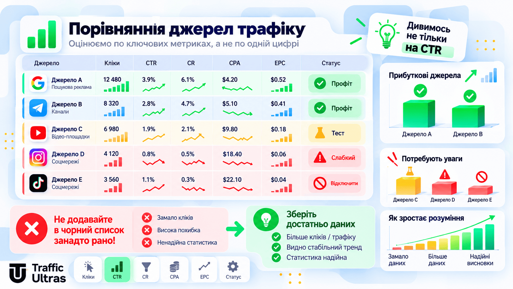 Порівняння джерел трафіку за CTR, CR, CPA та EPC