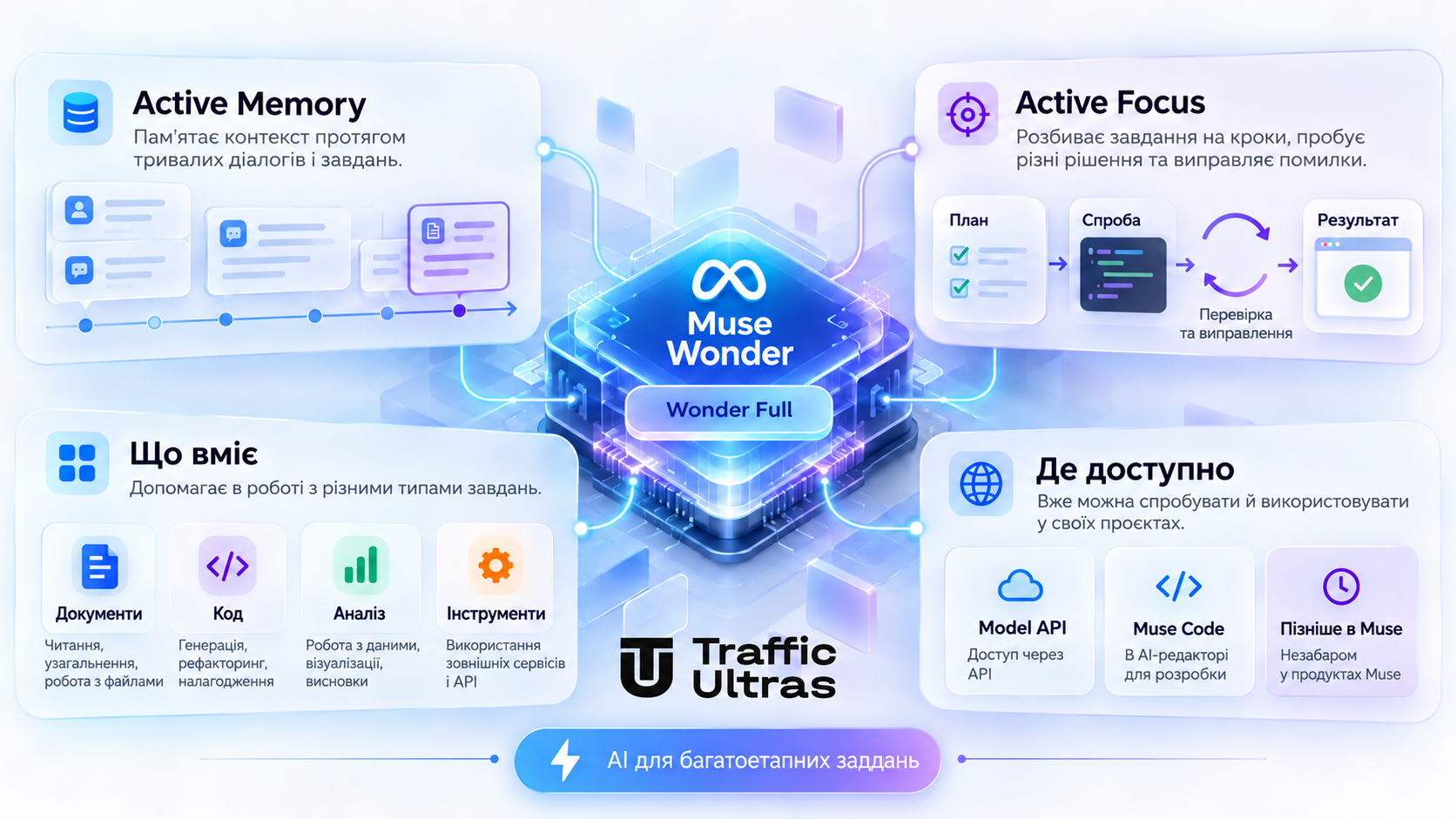 Можливості AI-моделей Meta Muse Wonder і Wonder Full: Active Memory, Active Focus, робота з документами, кодом та аналізом даних.