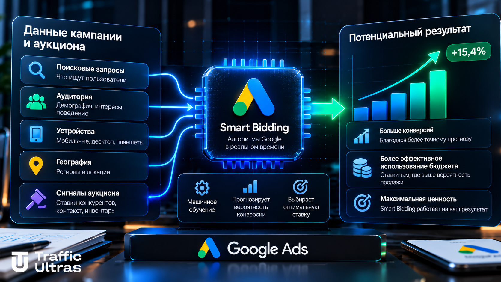 как работает Smart Bidding: данные кампании и аукциона → алгоритм Google → потенциальный результат