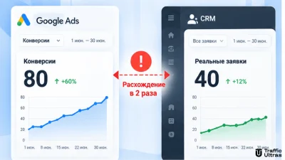 Расхождение между 80 конверсиями в Google Ads и 40 реальными заявками в CRM.
