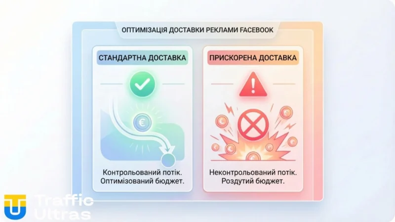 Порівняння стандартної та прискореної доставки в налаштуваннях Facebook Ads.