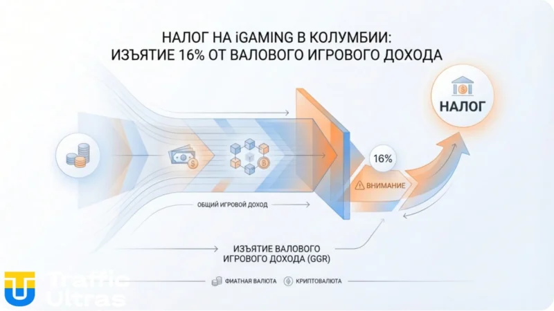 Инфографика Traffic Ultras: Схема изъятия налога 16% с депозитов в колумбийском iGaming.