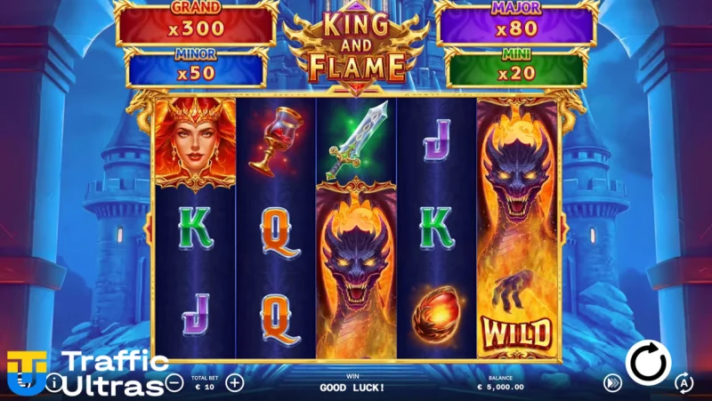 Игровой процесс слота King and Flame от ELA Games: сетка 5х3 с расширяющимся Wild-символом дракона, фэнтезийными элементами и панелью джекпотов