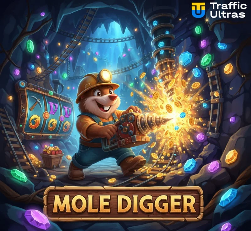 Иллюстрация слота Mole Digger от Play’n GO с кротом-шахтёром, драгоценными камнями и подземными туннелями
