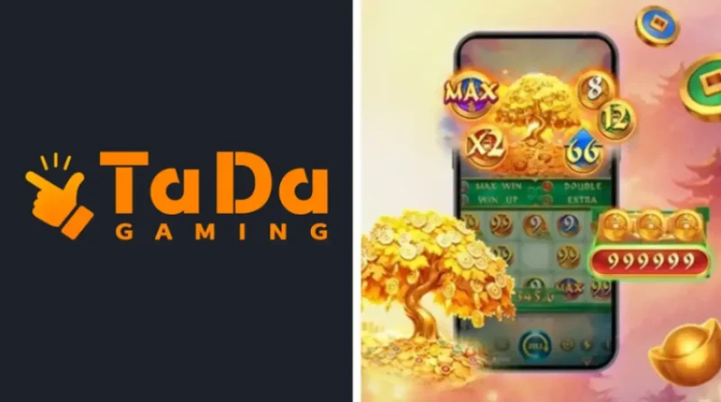 Промо-иллюстрация слота Cash Coin от TaDa Gaming — золотые монеты, восточный фон, анимация монетного дождя и логотип игры.