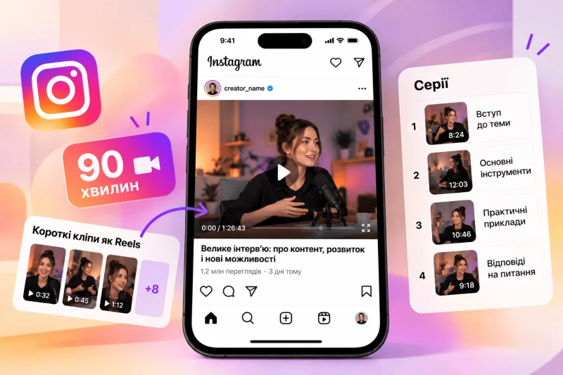 Instagram тестує відео до 90 хвилин: нові формати Features, Clips as Reels для коротких фрагментів і Series для об'єднання роликів у тематичні серії.