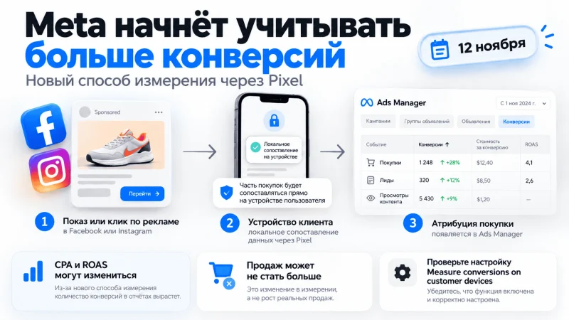 Meta Pixel с 12 ноября 2026 года: схема сопоставления конверсий на устройствах пользователей, учёт покупок в Ads Manager и возможное изменение CPA и ROAS без роста продаж.