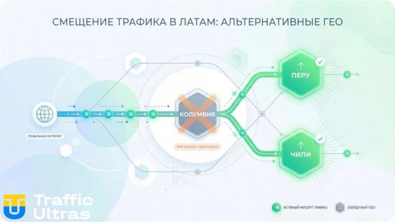 Схема Traffic Ultras: Перенаправление iGaming трафика с Колумбии на ГЕО Перу и Чили.
