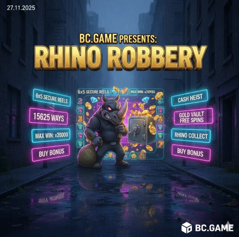 Rhino Robbery — слот с ограблениями на BC.GAME, бонусы Cash Vault и Gold Vault, выигрыш до 20 000× ставки