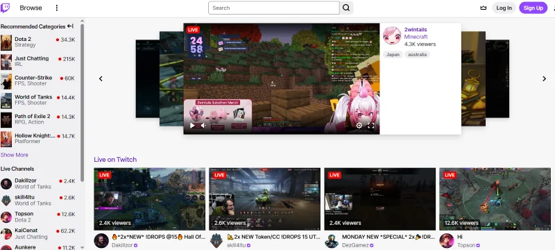 Главная страница Twitch с популярными категориями и стримами