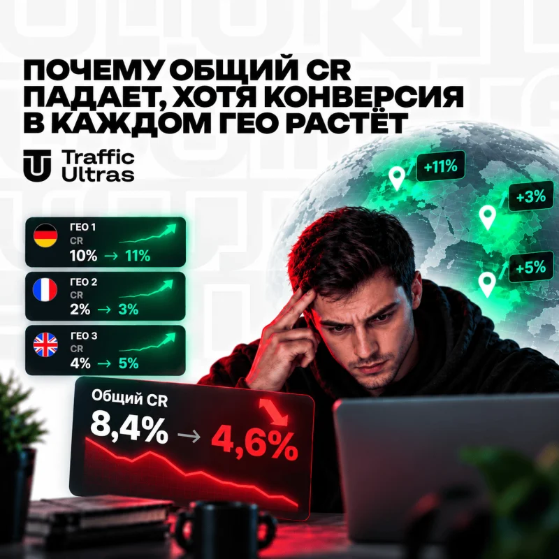 Почему общий CR падает, хотя конверсия в каждом ГЕО растёт
