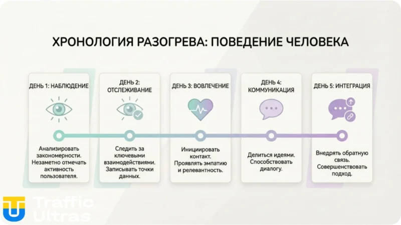 График активности аккаунта TikTok при прогреве (1-5 дней).