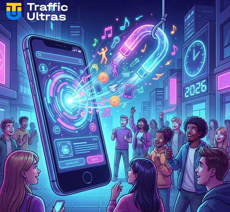 Маркетолог анализирует тренды TikTok 2026 года на ноутбуке, создавая вовлекающий контент