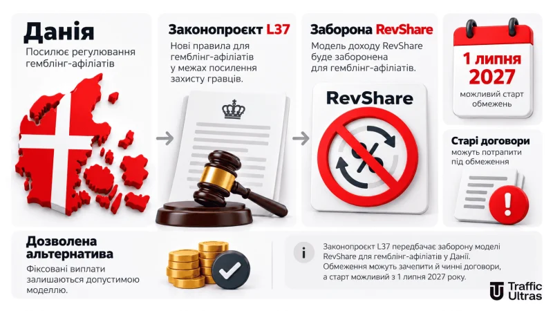Данія планує заборонити RevShare у гемблінг-партнерках з 1 липня 2027 року — основні положення законопроєкту L37. Копіювати
