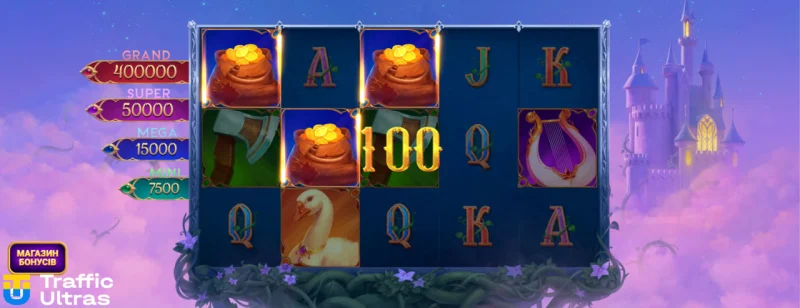 Геймплейный скриншот слота Beanstalk Magic Treasures от Evoplay, демонстрирующий четыре уровня джекпотов (Grand, Super, Mega, Mini) в интерфейсе игры и крупный выигрыш с множителем 100.